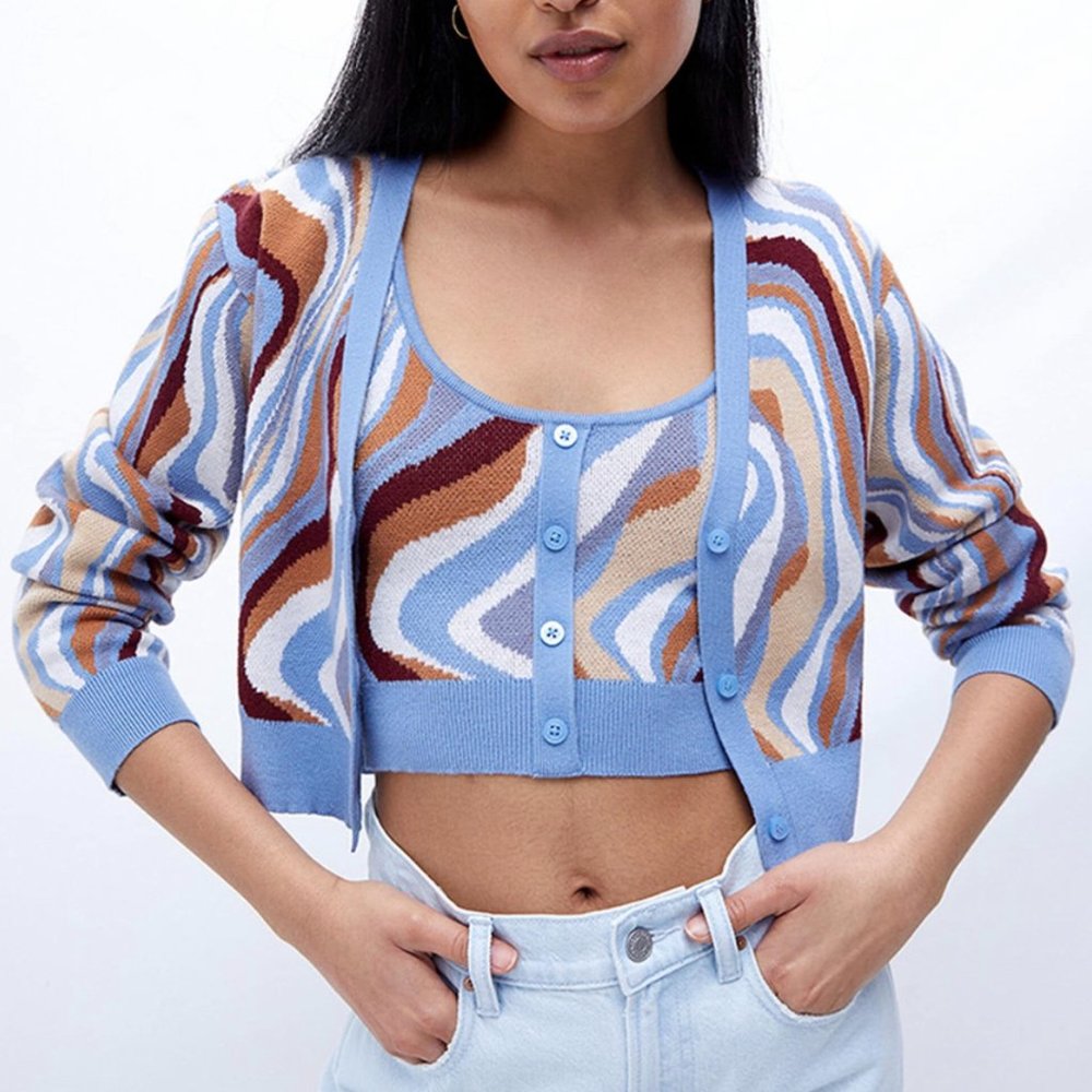 NWT LA Hearts Cabin Cropped Cardigan Sweater Size Medium Women's Blue Tan